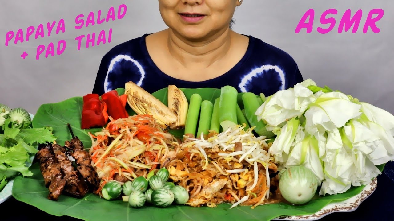 ASMR Somtum & Pad Thai | กินส้มตำไก่ย่าง, ผัดไทย | Eating Sounds | Light Whispers | Nana Eats