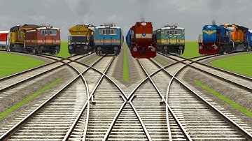 6 INDIAN TRAINS RUN AT BUMPY FORKED RAILROAD TRACKS CROSSING | Train Simulator | Railroad Crossing