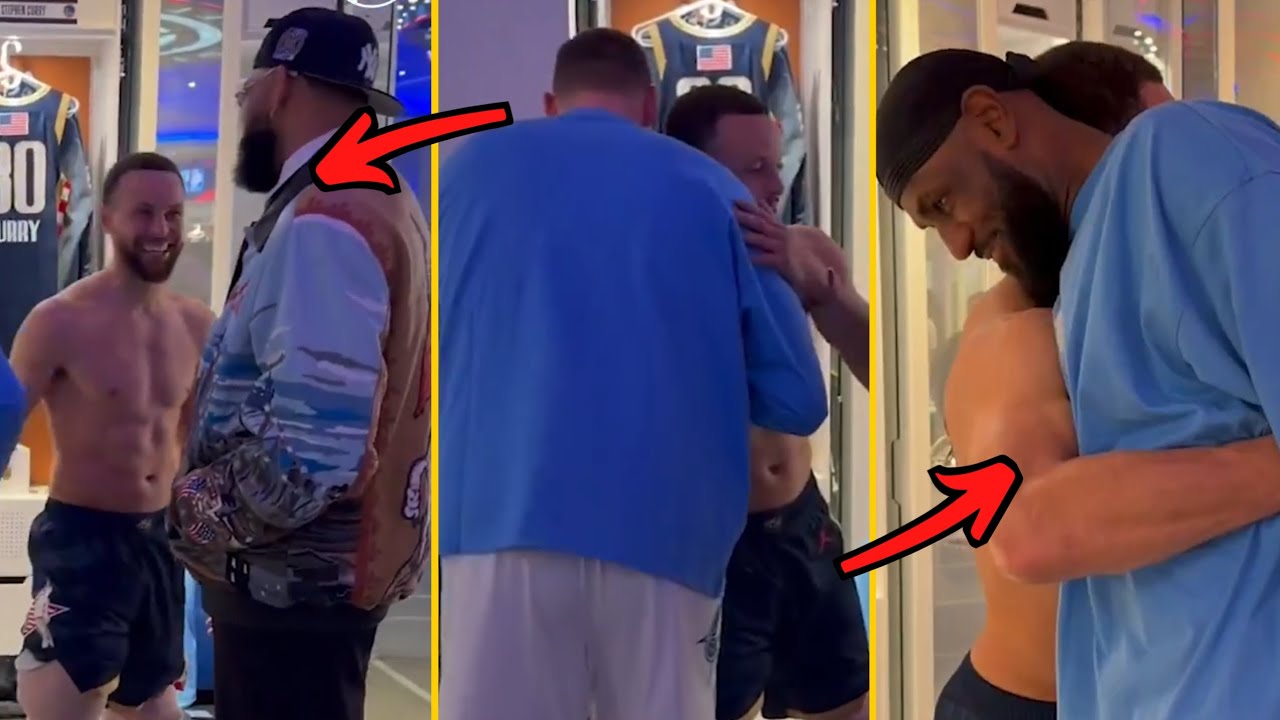 Стеф Карри обнимает Николу Йокича, Леброна Джеймса, КАТ и Янниса в преддверии Матча всех звезд НБ...