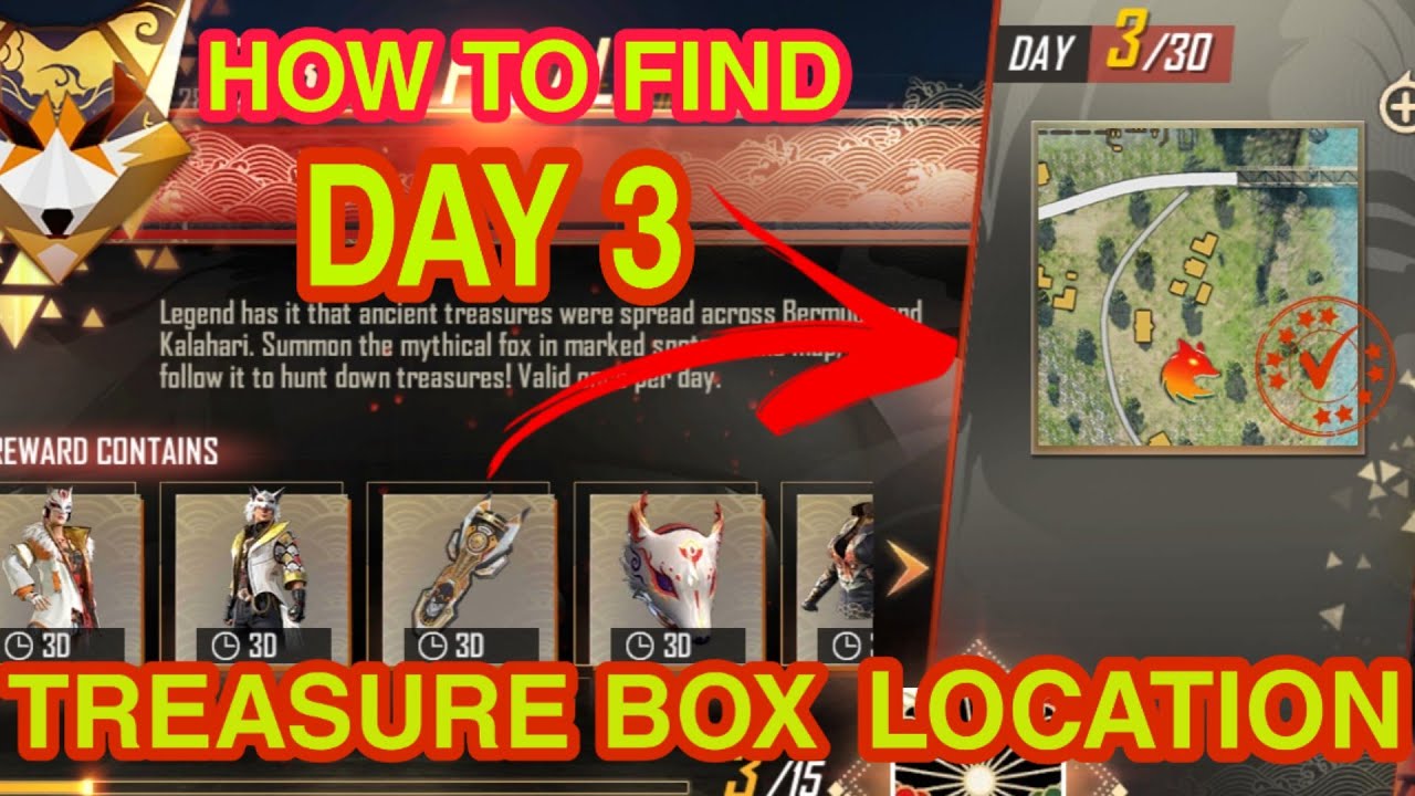 DAY 3 TREASURE BOX LOCATION FREE FIRE NEW EVENT TODAY TREASURE BOX