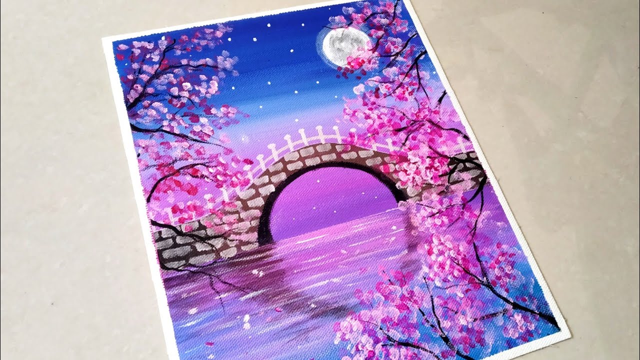 Beautiful Moonlight Cherry Blossom Bridge Scenery Painting for ...