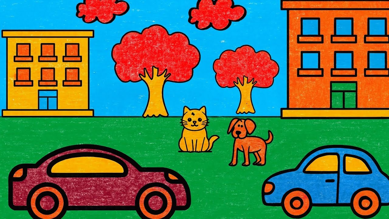How to Draw a City Scene with Trees, Cars, Cat & Dog | Easy Tutorial