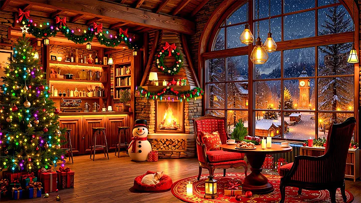 Cozy Christmas Coffee Shop Ambience & Warm Crackling Fireplace🔥Christmas Jazz Instrumental Music