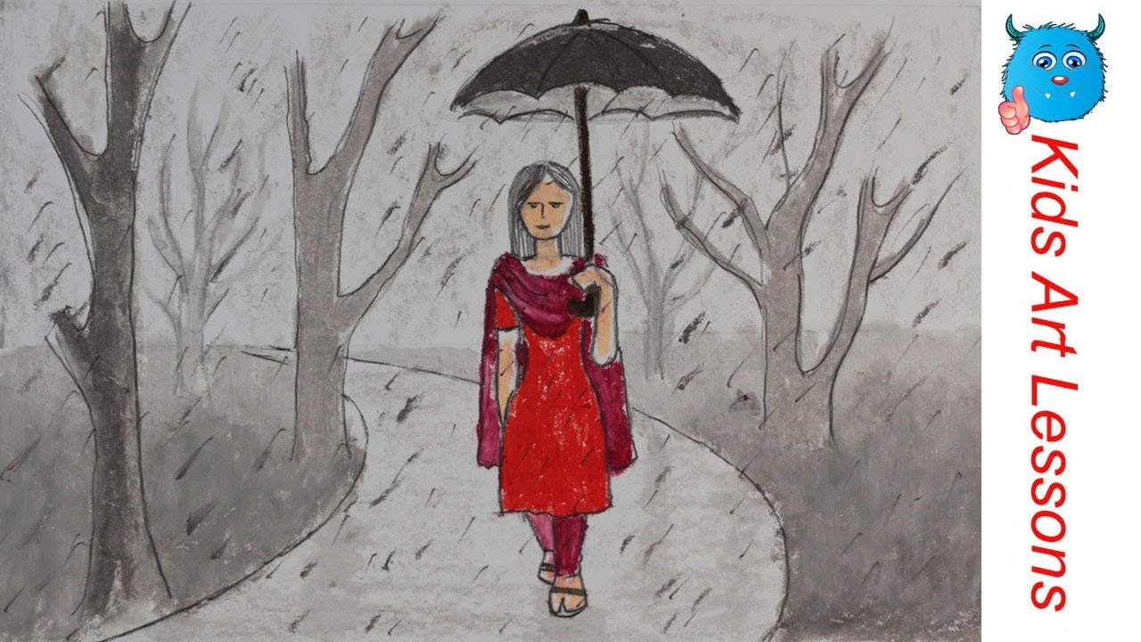 Rainy Season Drawing Easy | How to Draw A Rainy Day in Park with Oil