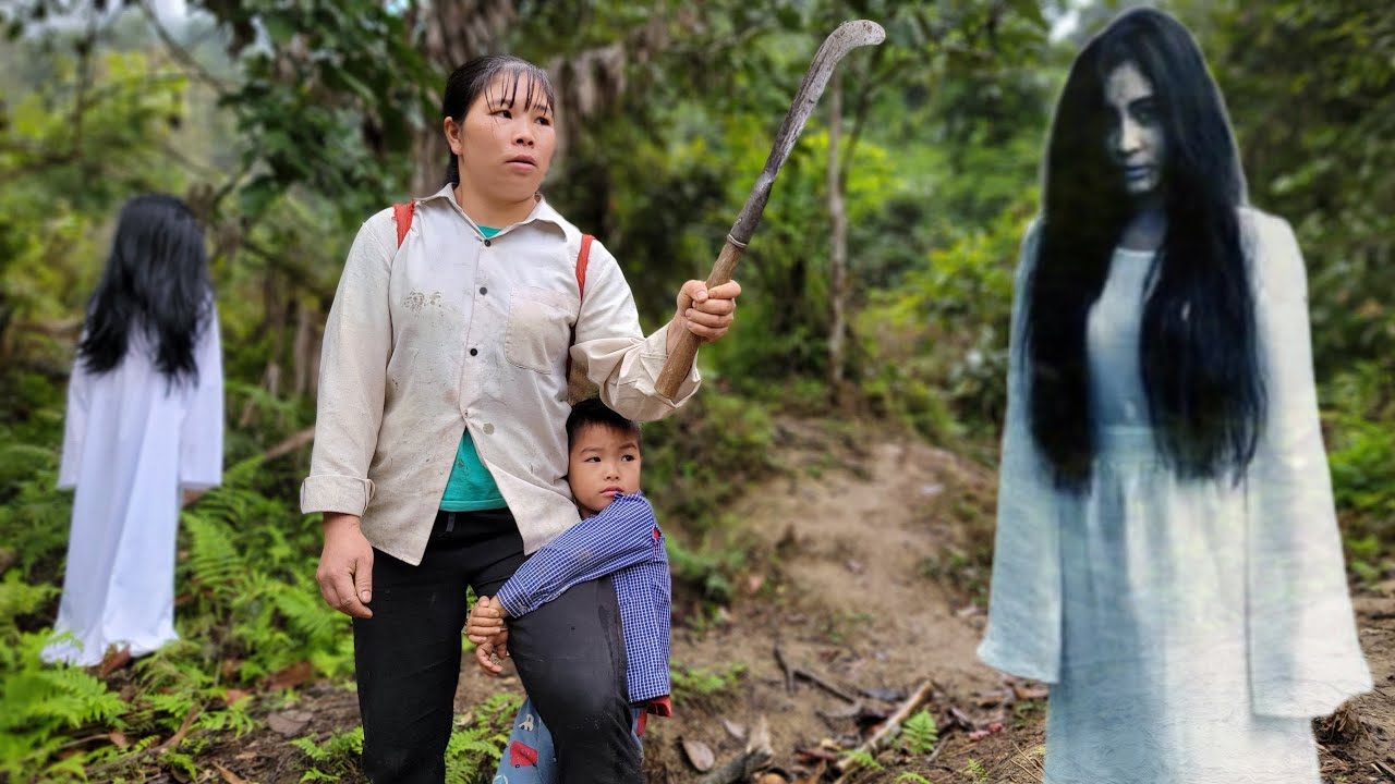 Single mother in danger in the forest - Harvesting green vegetables to ...