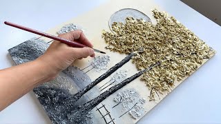 How to Paint a tree with Texture Paste  and Wood Chips | Golden Tree Wall Art By Vanoushe Art