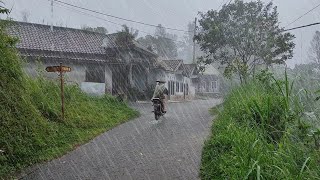 Walking in heavy rain and thunderstorm 3 hours, heavy rain in a mountain village, heavy rain all day