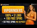 Jackpotter Promo Code VIPGRINDERS | 100% up to $1,000 + 150 Free Spins