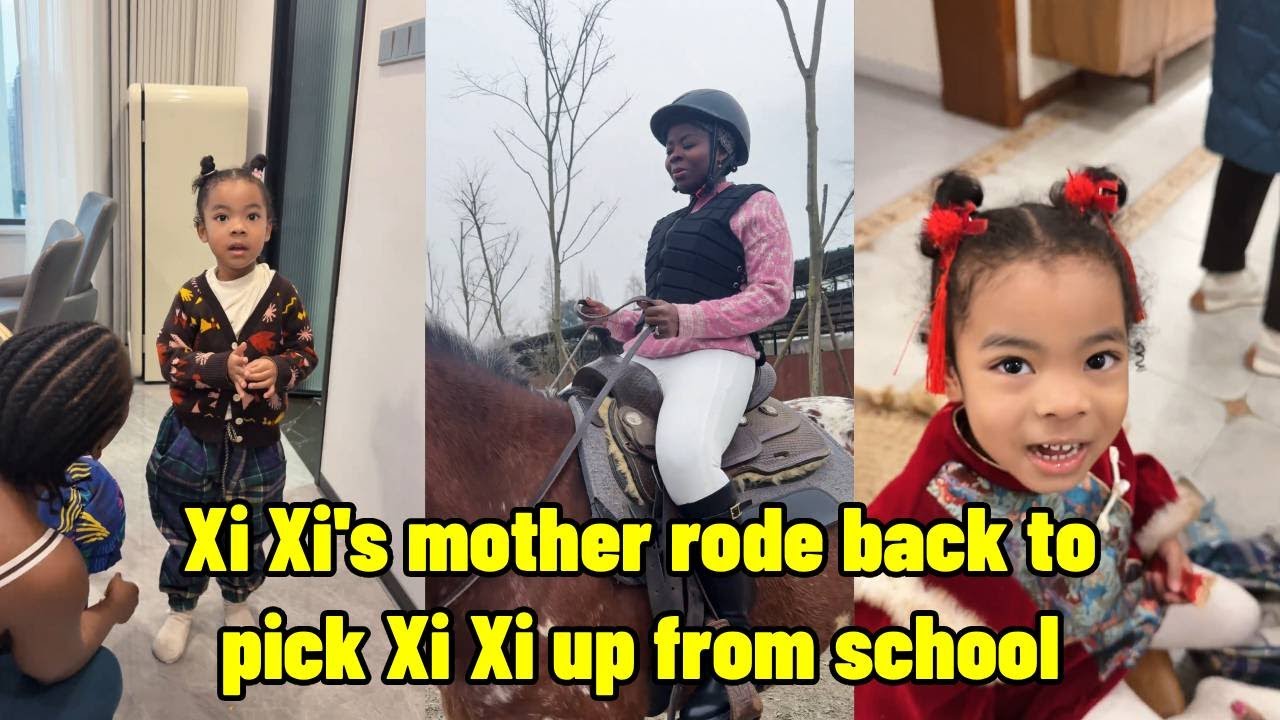 Xi Xi's mother went horseback riding and came back to pick Xi Xi up from school.