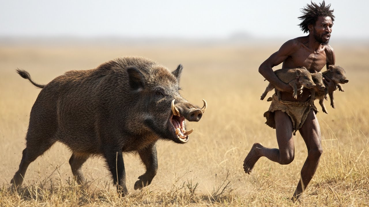 Life Ancient Million Years Ago: Encounter Between Giant Tusk Toothed Wild Boar and Prehistoric Man