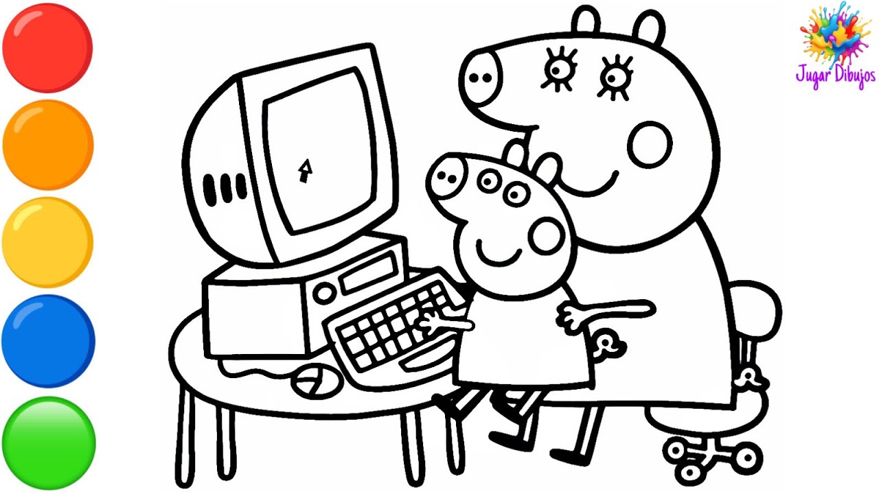 Dibuja y Colorea A Peppa Pig Y Mamá Cerdita Frente A La Computadora 🐷🖥️⌨️ Dibujos Para Niños 