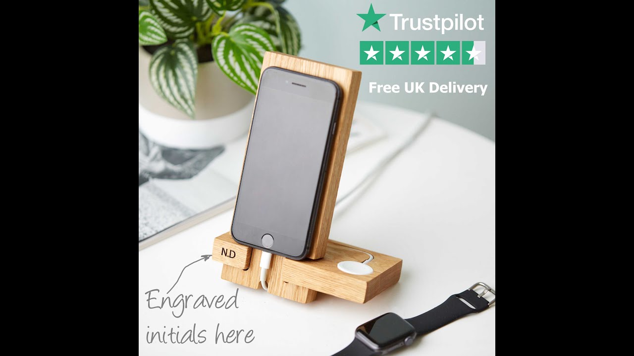 Solid oak Engraved apple watch and iphone charging station
