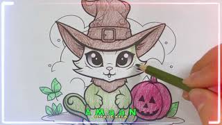 Instructions for coloring the picture of a cat, a cat and a halowen pumpkin