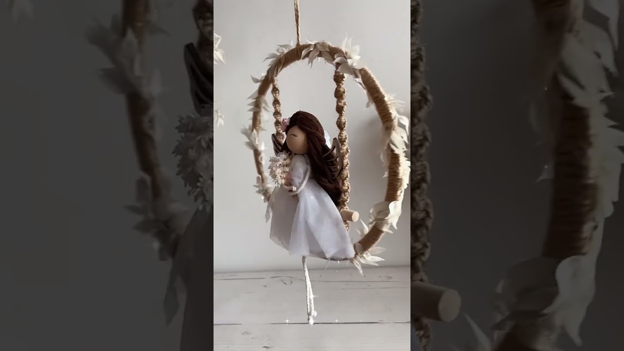 Angel on swing, rustic decor, Macrame angel