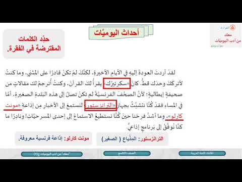 الصف التاسع اللغة العربية القراءة معك من أدب اليوميات ج1