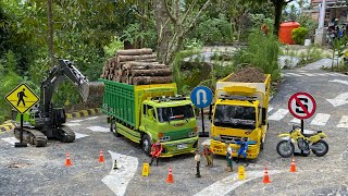 Aksi #146 Dump Truk RC Hino Hijau, Truk Huina Muatan Tanah Merah Bangunan Excavator Besar Huina 1593
