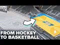 See how Climate Pledge Arena transforms from a hockey rink to a March Madness basketball court