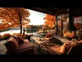 Autumn Porch Ambience ☕Rainy day with warm Jazz music next to the crackling fireplace to relax