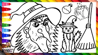 Desenhar e Colorir uma Bruxa com Seu Gato e Acessórios 🧙♀️😾🧹🪄☠️🏚️ Desenhos para Crianças