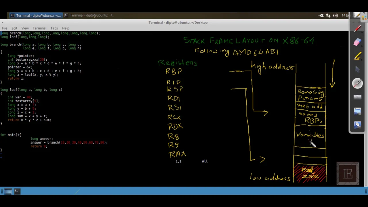 Stack Frames. Red Zone, Prologue and Epilogue on x86-64, demystified. Demo on the GNU Debugger.
