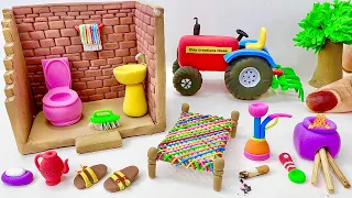 DIY How to make polymer clay miniature Village House, Washroom Set, Kitchen Set, Tree, Charpai