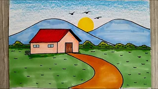 رسم سهل جدا تعليم رسم ريف سهلة جبال ومنزل سهل طريقة رسم منظر طبيعي بالالوان رسم منظر طبيعي 