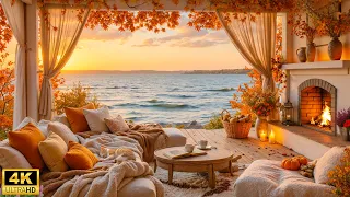 Fall By The Seaside At Sunset Gentle Piano With Cozy Fireplace Ocean Sounds For Relaxation 