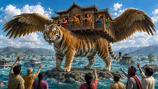 5 Sisters Built a Giant Flying Tiger House to Save Their Village! #flyinghouse#village