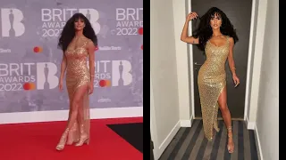 Vick Hope Brtis22 gold sequin dress thigh-high slit