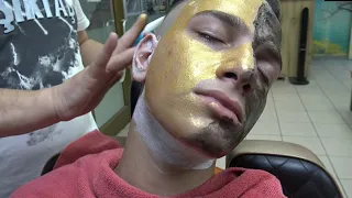asmr turkish barber skin care hot steam vacuum gold black mask washing hairs cilt bak m 