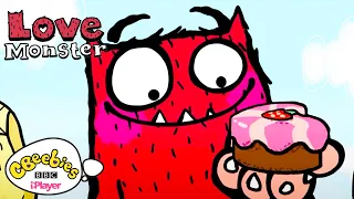 love monster celebrating with friends cbeebies