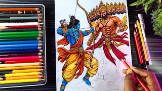 Dussehra Drawing Colour, Ram & Ravan Drawing, Lord Ram Killing Ravan Drawing, Step By Step (Part 3)