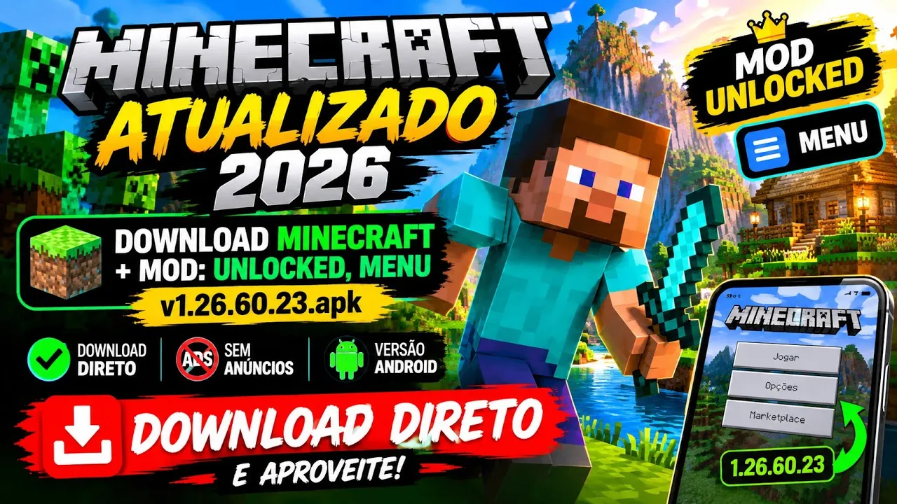 Minecraft atualizado 2026: Download + Mod Unlocked/Menu v1.26.60.23.apk | Direto e sem anúncios