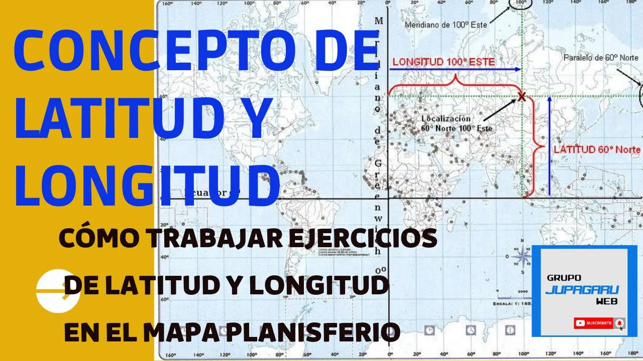 Concepto de latitud y longitud. Ejercicios en el mapa Planisferio. (Clases de Geografía)