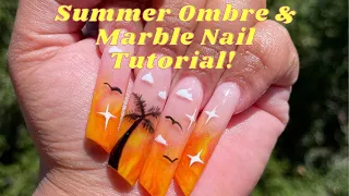 Sunset Nails | Marble and Ombre Nail Tutorial | Summer Colors | Palm Tree Art Tutorial