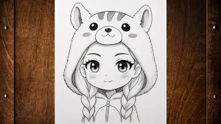 How to Draw a Cute Chibi Girl with Animal Hoodie Easy Tutorial