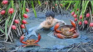 life in jungle. Catching a rock crab and finding a dragon fruit on the mountain