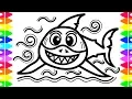 Great White Shark Coloring Page for Kids with Colored Markers Learn how to Draw Cartoon Shark