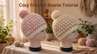 Puff stitch crochet beanie hat tutorial for adults.
