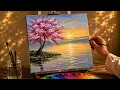Easy Cherry Blossom Sunset Acrylic Painting Tutorial Lake Reflection for Beginners