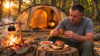 Solo Camping in a Spacious Tent | Campfire Cooking & Forest Adventure #camping #outdoors