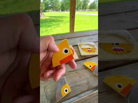 Completing wooden animal face puzzles on an outdoor park table