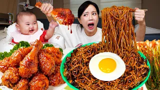 미션 🍼 아기를 돌보며 짜장면 양념치킨 클리어 하기  (feat HARU) Crazy Delivery Food Jajangmyeon + Chicken Ssoyoung ASMR
