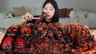 ASMR MUKBANG| 직접 만든 불닭 짜장 버섯 해물찜 랍스터 킹타이거새우 오징어 먹방 & 레시피 SPICY MUSHROOMS AND FIRE NOODLES EATING