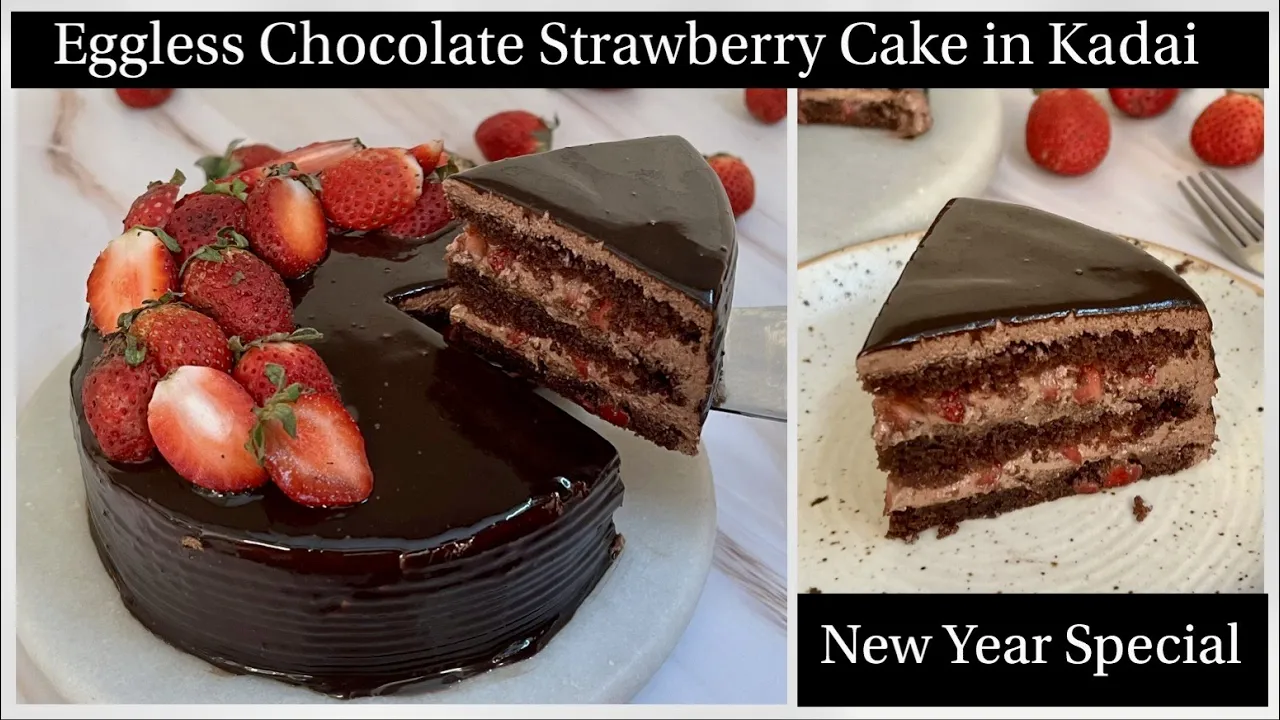 Super Soft Chocolate Strawberry Cake In Kadai   No Eggs, No Oven Chocolate Cake   New Year Special