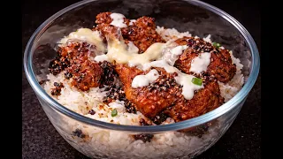 Crispy Double-Fried Chili Oil Chicken Rice Bowl with Molten Cheese & Creamy Garlic Yogurt Drizzle