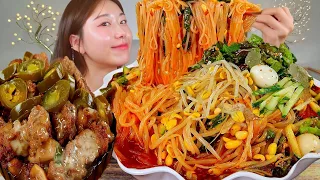ASMR 새콤달콤한 쫄면 고추마요갈비 꿀조합 리얼먹방 :) Spicy mixed noodles , Pork ribs MUKBANG