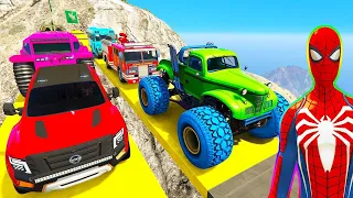 SPIDERMAN CARS Racing Challenge on WODDEN Rampa ! SUPERHERO HULK IronMan Goku MONSTER Trucks - GTA 5