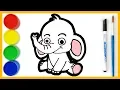 How to draw a Baby Elephant Coloring Pages - Learn Colors for Kids