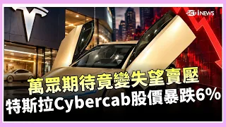 Cybercab首秀爆冷 特斯拉股價重挫6%！無方向盤踩法規紅線恐面臨訴訟？Uber同天推出「自駕計程車」較勁！馬斯克重回政治風暴股東極度緊張？｜三立財經iNEWS